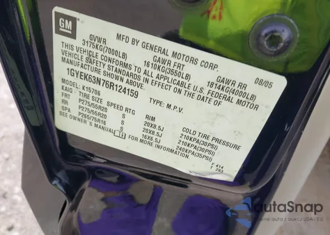 2006 Cadillac Escalade Standard z USA, uszkodzony, nr VIN 1GYEK63N76R124159